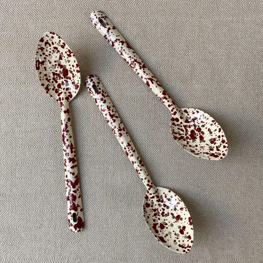 Spattered Enamelware slotted spoons in Burgundy & Cream