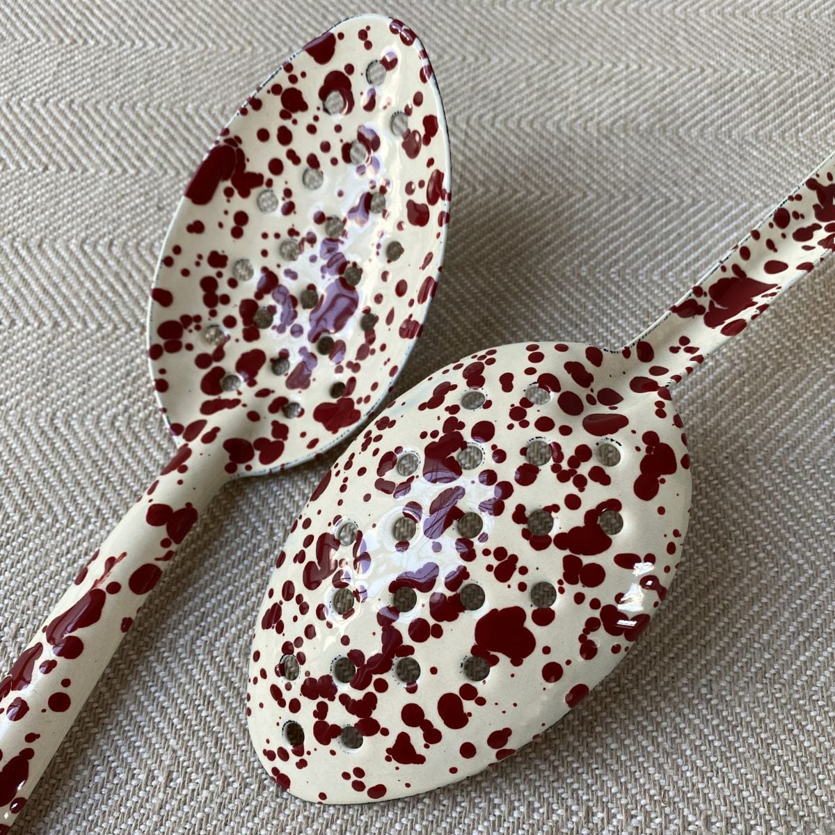 Enamelware Slotted Spoon - Burgundy and Cream - Image 2