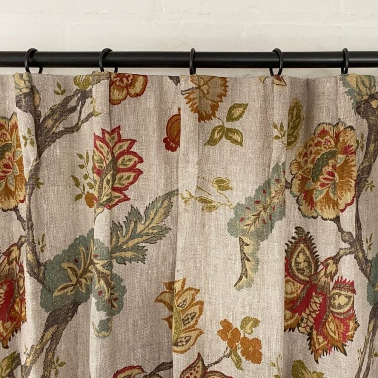 Tinsmiths Yasmin linen fabric cartridge pleat curtain top on curtain pole