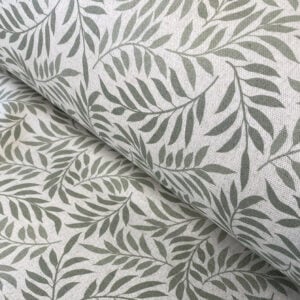 extra wide fabric sage green leaves on natural linen