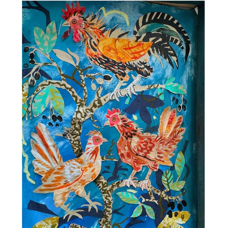 Mark Hearld Original Collage in a Large Antique Frame - Bantams in Damson Tree