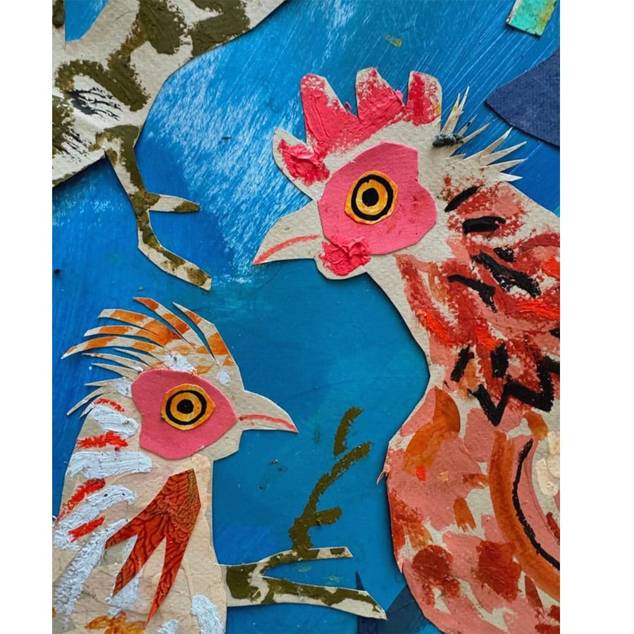 Mark Hearld Original Collage in a Large Antique Frame - Bantams in Damson Tree
