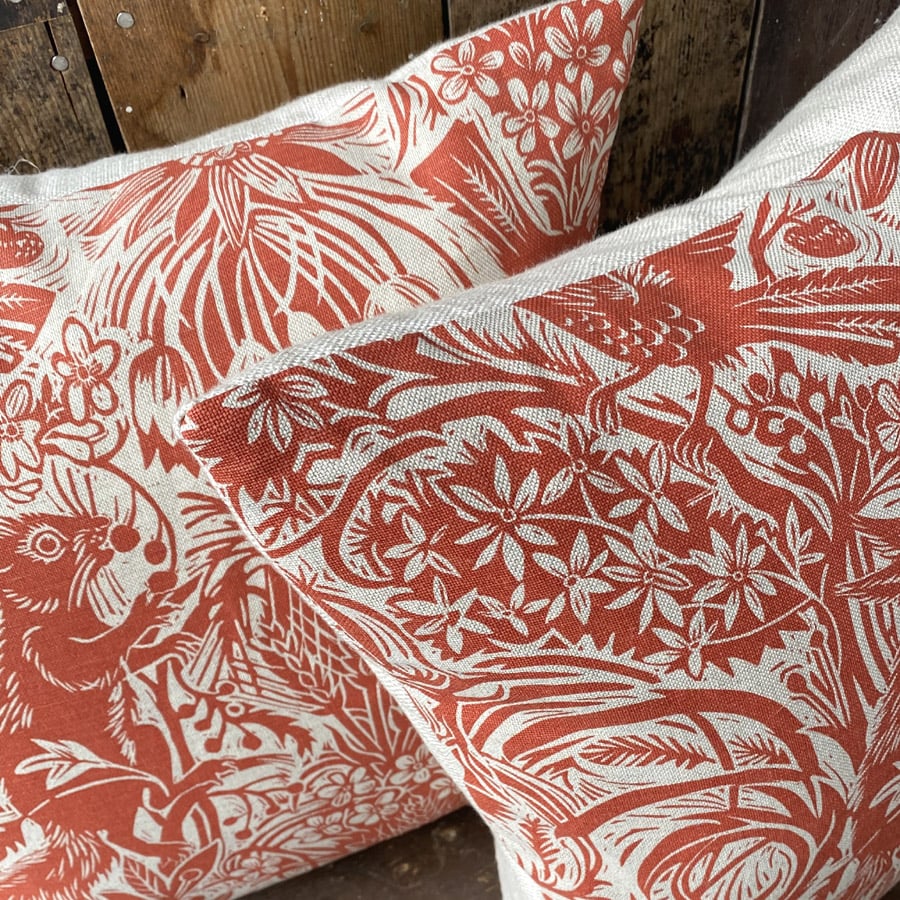 Squirrel and Sunflower Cushion - Brick Red