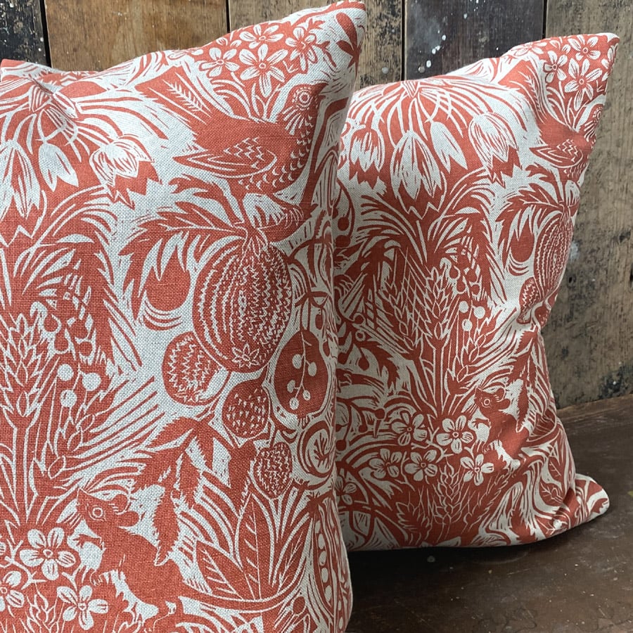 Squirrel and Sunflower Cushion - Brick Red