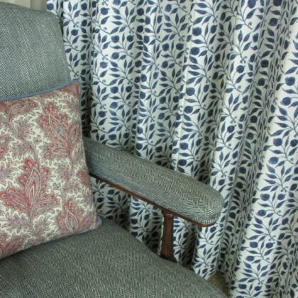 Morris & Co Rosehip Indigo Fabric curtain detail from Tinsmiths of Ledbury