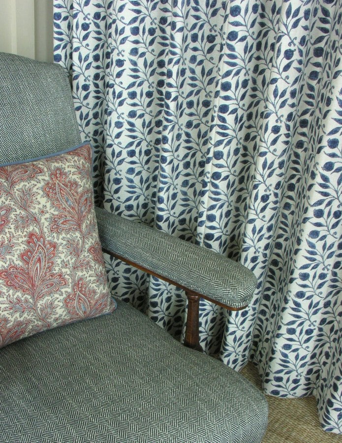 Morris & Co Rosehip Indigo Fabric curtain detail from Tinsmiths of Ledbury
