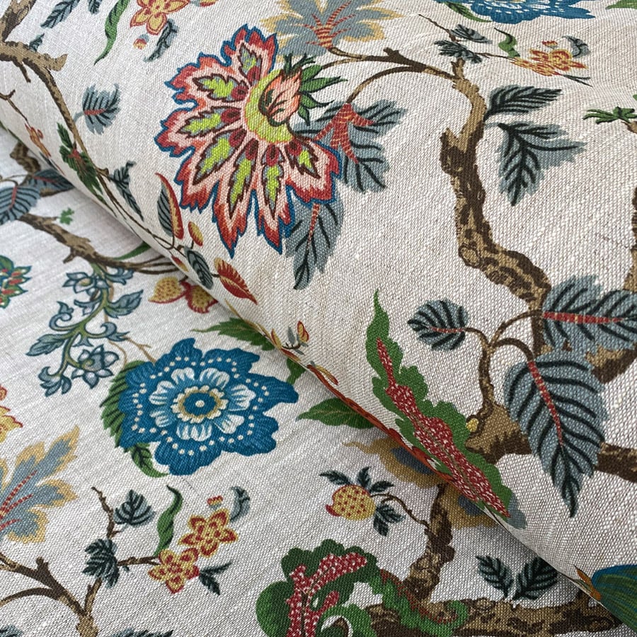 Linen curtain fabric with tree of life design in blues & Greens