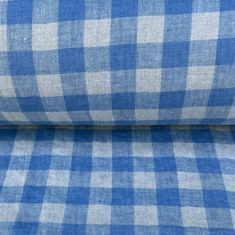 Washed Linen Check Denim Blue - Image 3