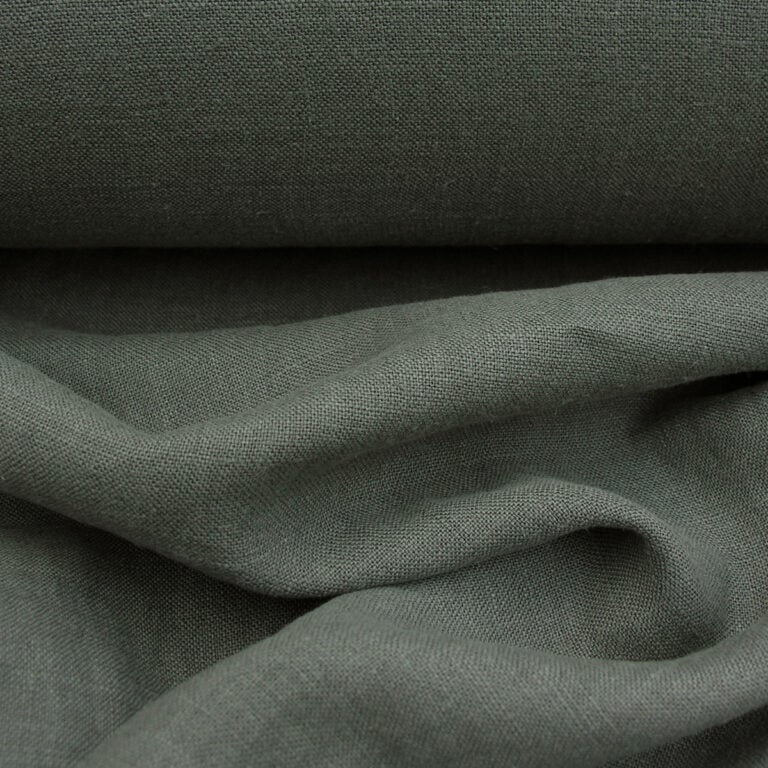 100% Linen fabric with a super soft drape in a soft dark olive green. Suitable for curtains and blinds where a good drape is uppermost.