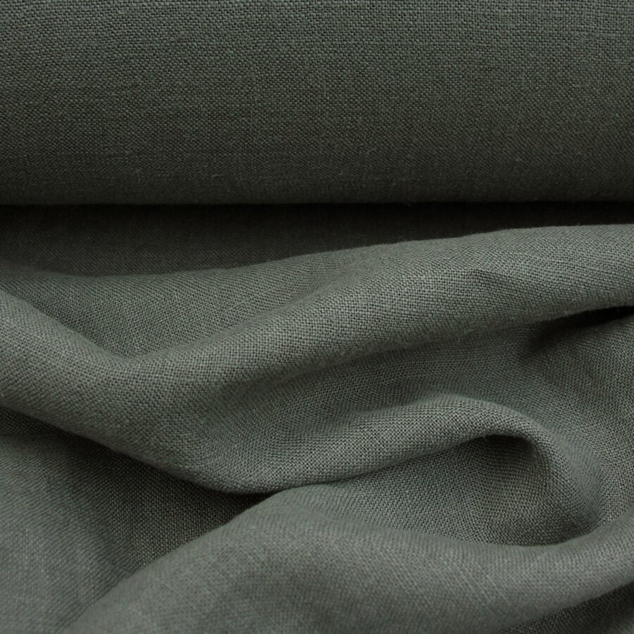 100% Linen fabric with a super soft drape in a soft dark olive green. Suitable for curtains and blinds where a good drape is uppermost.
