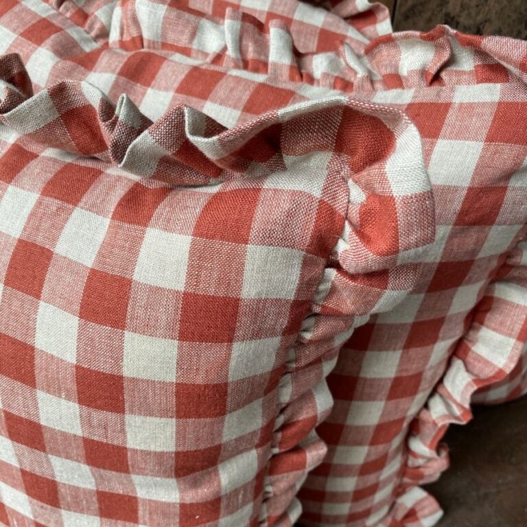 Washed Linen Check Ruffle Cushion - Brick - Image 2