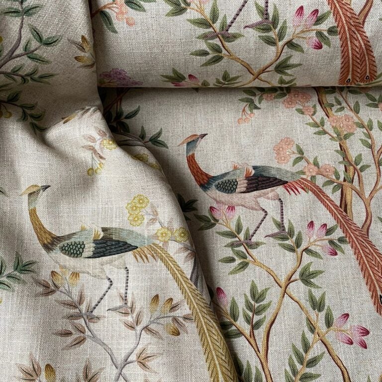 Tinsmiths Extra Wide Chinoiserie curtain fabric with bird and leaf design