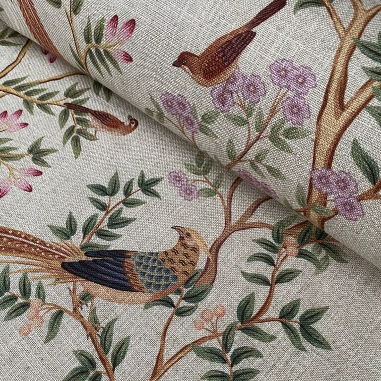 Tinsmiths Extra Wide Chinoiserie curtain fabric with bird and leaf design