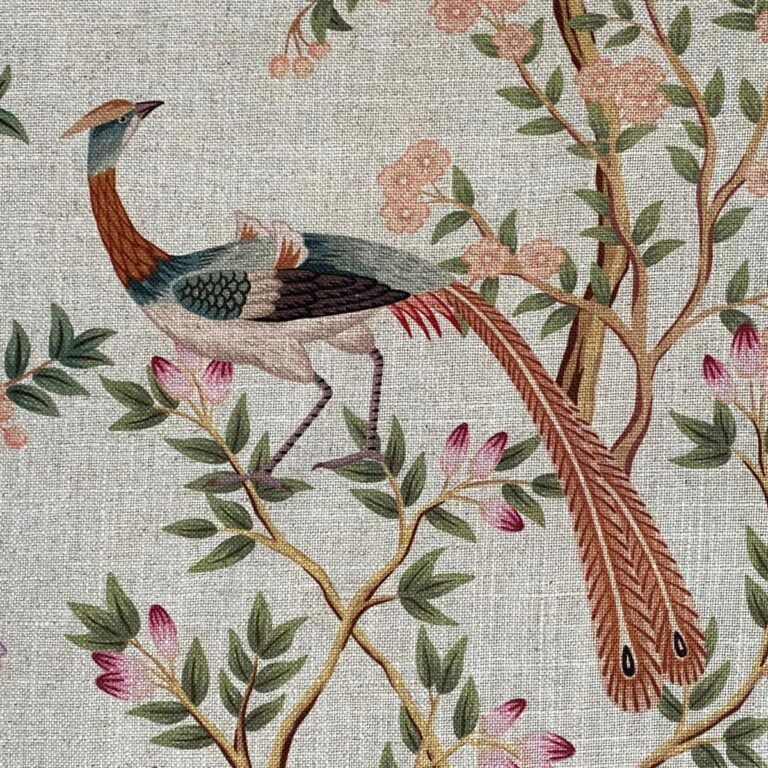 Tinsmiths Extra Wide Chinoiserie curtain fabric with bird and leaf design