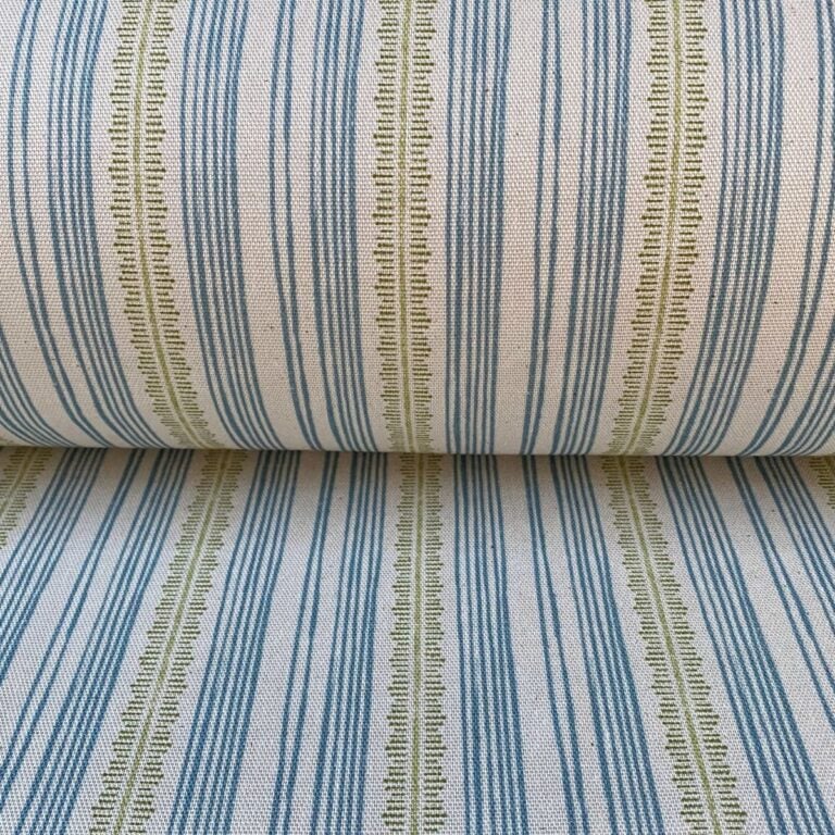 Tinsmiths Striped Feather Stripe Fabric on a roll in blue & olive green