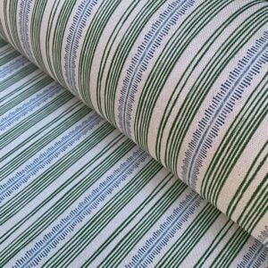 Tinsmiths Striped Feather Stripe Fabric on a roll in leaf green & indigo