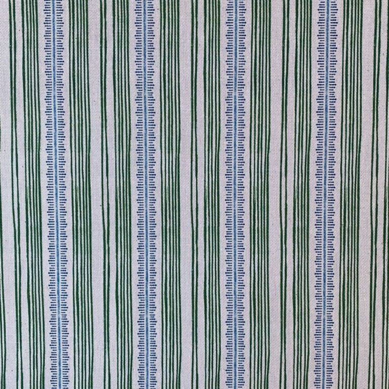 Tinsmiths Striped Feather Stripe Fabric on a roll in leaf green & indigo