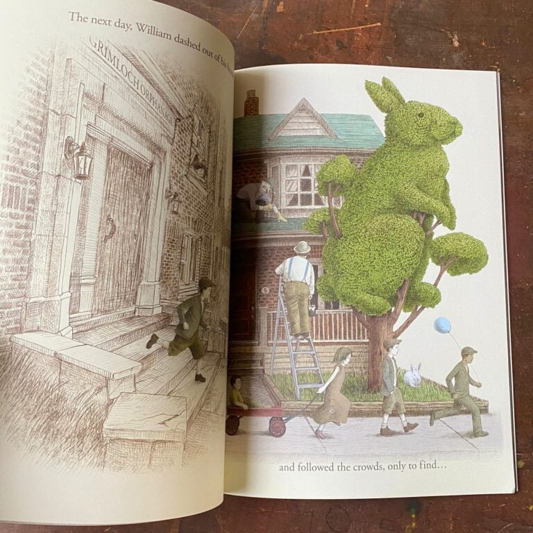 Double page spread of a topiary rabbit from The Night Gardener book by Terry Fan