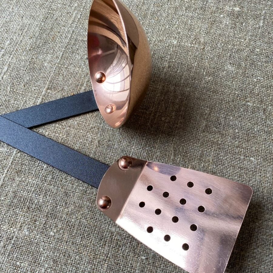 Pair of copper Netherton Foundry copper utensils; ladle and a spatula