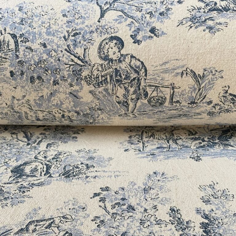 Elysium Print cotton of a pastoral, Toile De Jouy pattern. Tinsmiths