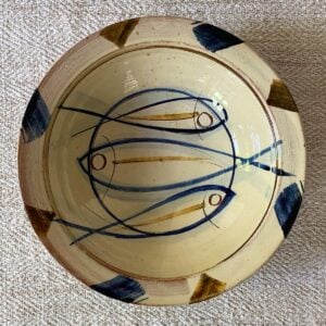 Jennifer Hall Slipware pasta bowl from above on a cream textile background