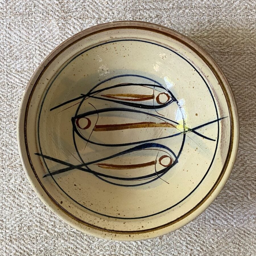 Jennifer Hall Slipware pasta bowl from above on a cream textile background