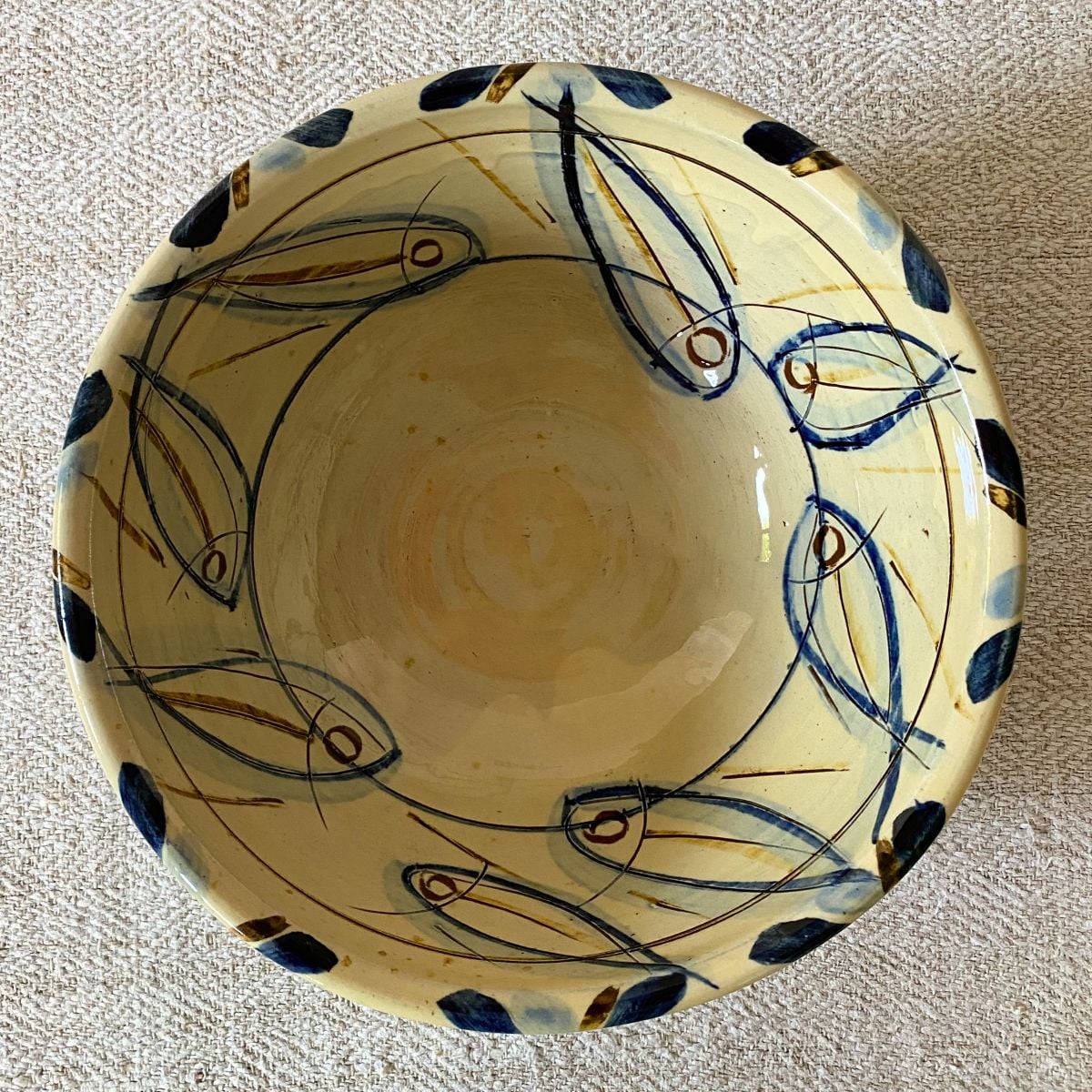 Jennifer Hall Slipware Salad Bowl overview on cream textile backcloth