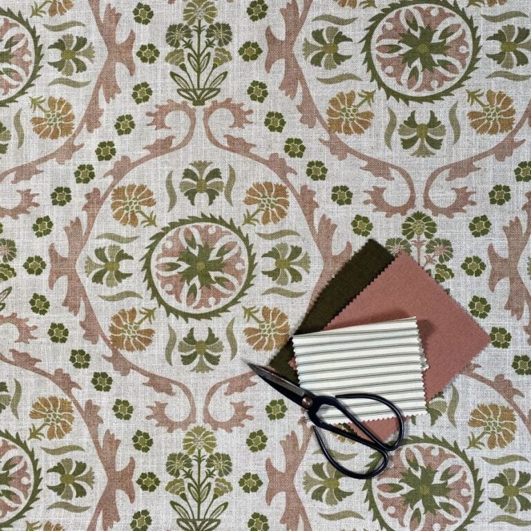 Extra Wide Eden Suzani fabric in green, gold & pink