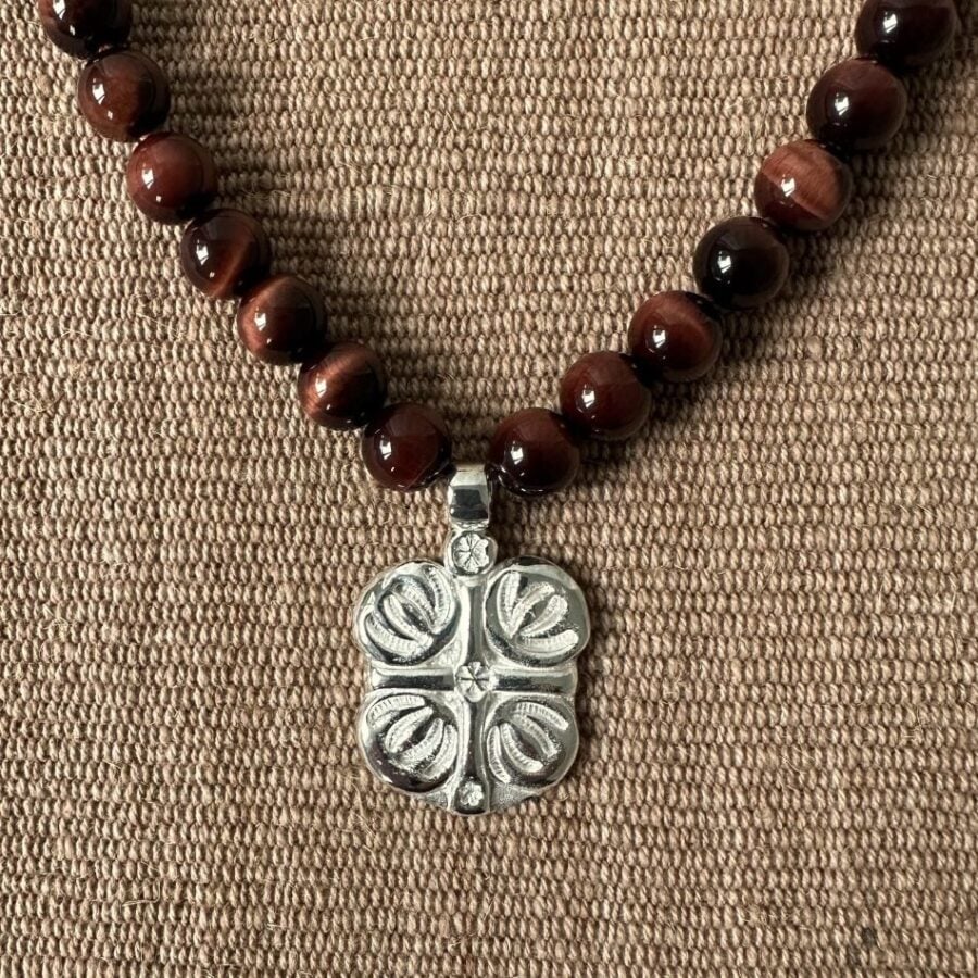 Red Tigers Eye Necklace with Silver Boss Pendant M5