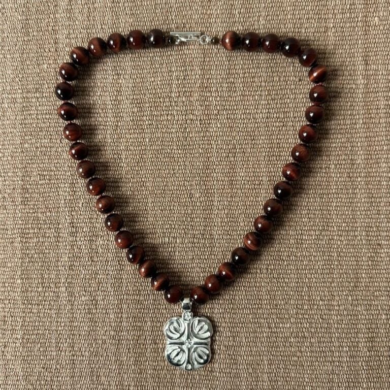 Red Tigers Eye Necklace with Silver Boss Pendant M5 - Image 2