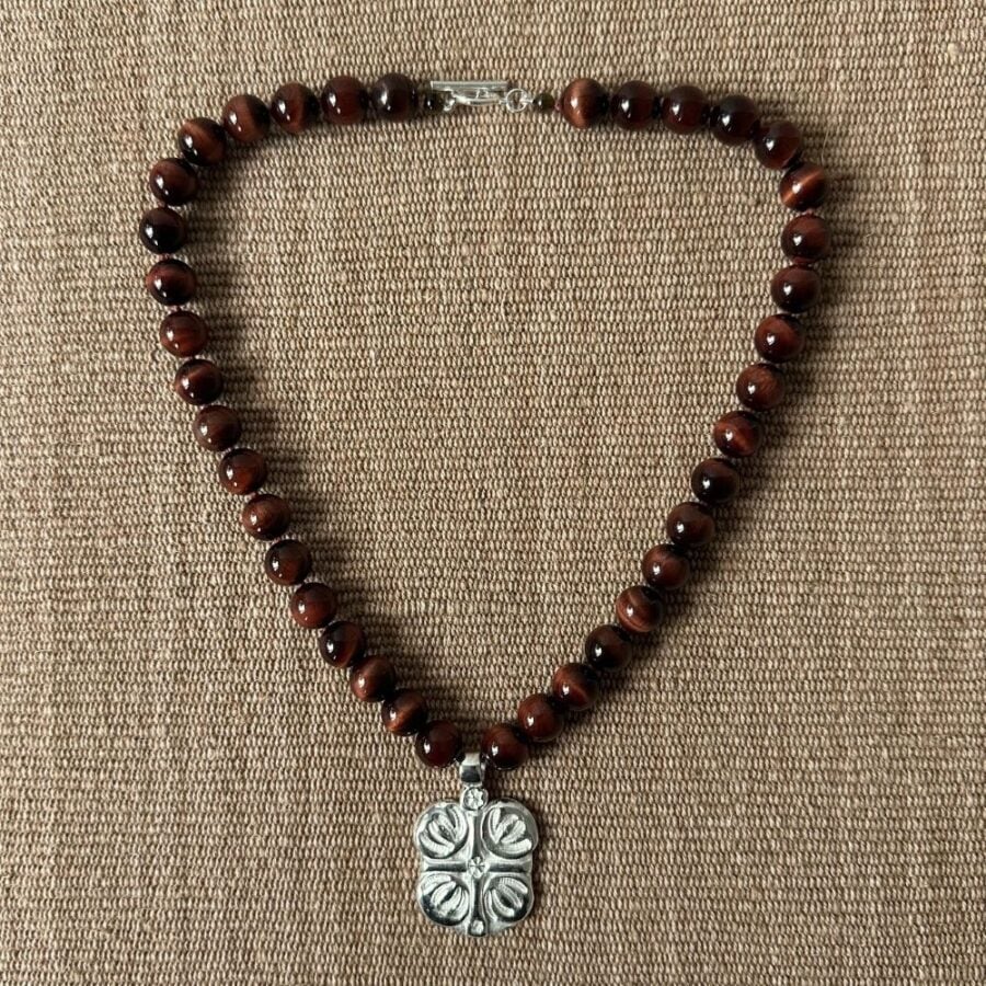 Red Tigers Eye Necklace with Silver Boss Pendant M5