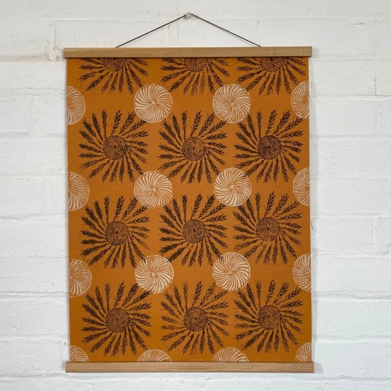 Sarah Burns Patterns lino print poster hanging